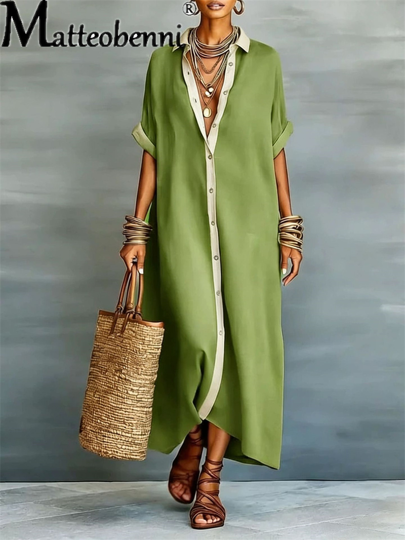 Robes décontractées confortables en coton et lin pour femmes, robe chemise maxi ample contrastante d'été, col rabattu, manches courtes