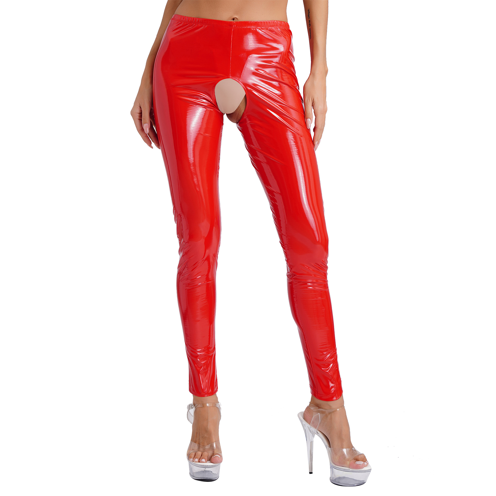 Pantalon crayon en cuir verni pour femmes, Sexy, sans entrejambe, taille haute, ceinture élastique, collants brillants, Leggings pour Lingerie, pyjama sale
