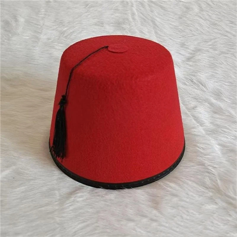Chapeau Fez Rond en Feutre Respirant Rouge – Chapeau Marocain Cosplay avec Pompons Turcs – Fournitures de Festival