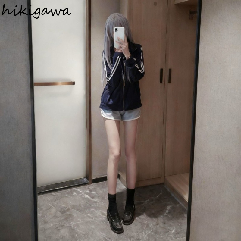 Vestes de style preppy pour femmes, col montant, fermeture éclair, manches longues, coupe ample, style japonais Y2K, hauts décontractés, manteaux tendance, Ropa Mujer
