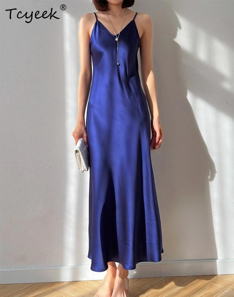 Tcyeek Robe longue 100% Soie de Mûrier Naturelle 21MM, Robes d'été en Soie Véritable pour Femme 2026, Robes Élégantes, Vêtements pour Femme, Robe