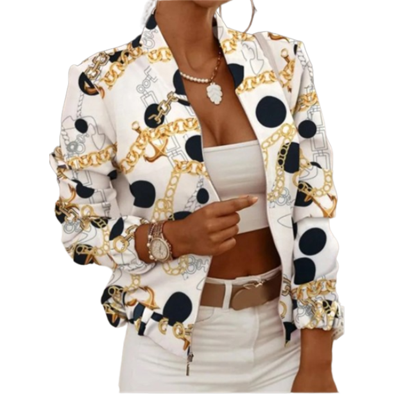 Manteau imprimé à manches longues pour femmes, veste courte à fermeture éclair, haut décontracté blanc, mode printemps et automne