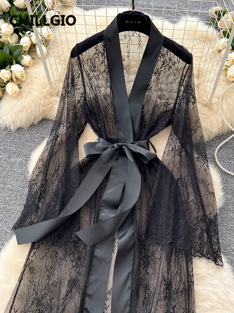 MiniInTheBox LGIO-Robe longue en dentelle transparente pour femme, tentation, chemise de nuit sexy à lacets, nœud, taille haute, robe adulte, robe de luxe élégante