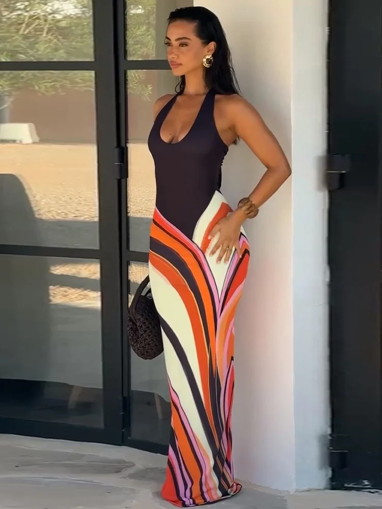 Robe longue sexy imprimée pour femme, col en V profond, sans manches, dos nu, moulante, pour les fêtes, collection été 2026, robe de soirée pour femme