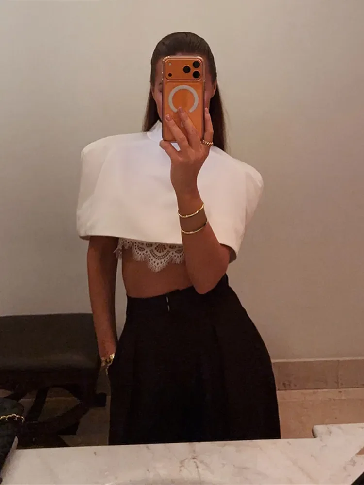 Sexy châle recadrée hauts 2026 printemps nouvelle femme solide épaulettes col montant à manches courtes T-shirt femmes fête Clubwear