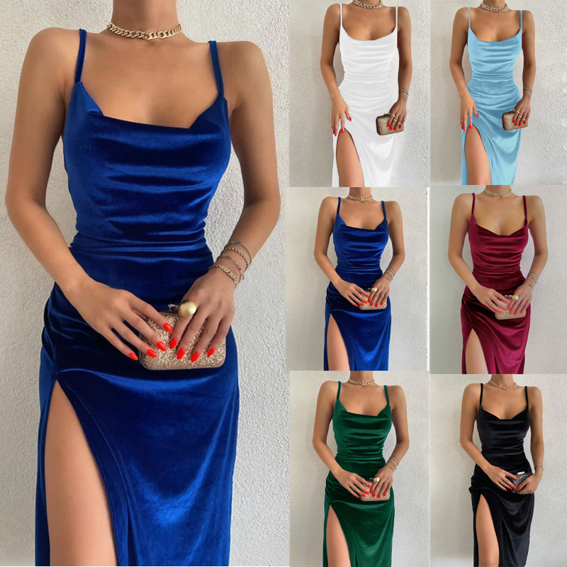 Robe mi-longue en velours pour femmes, élégante, soirée, Club, Streetwear, moulante, articles en gros pour les affaires, automne hiver 2025