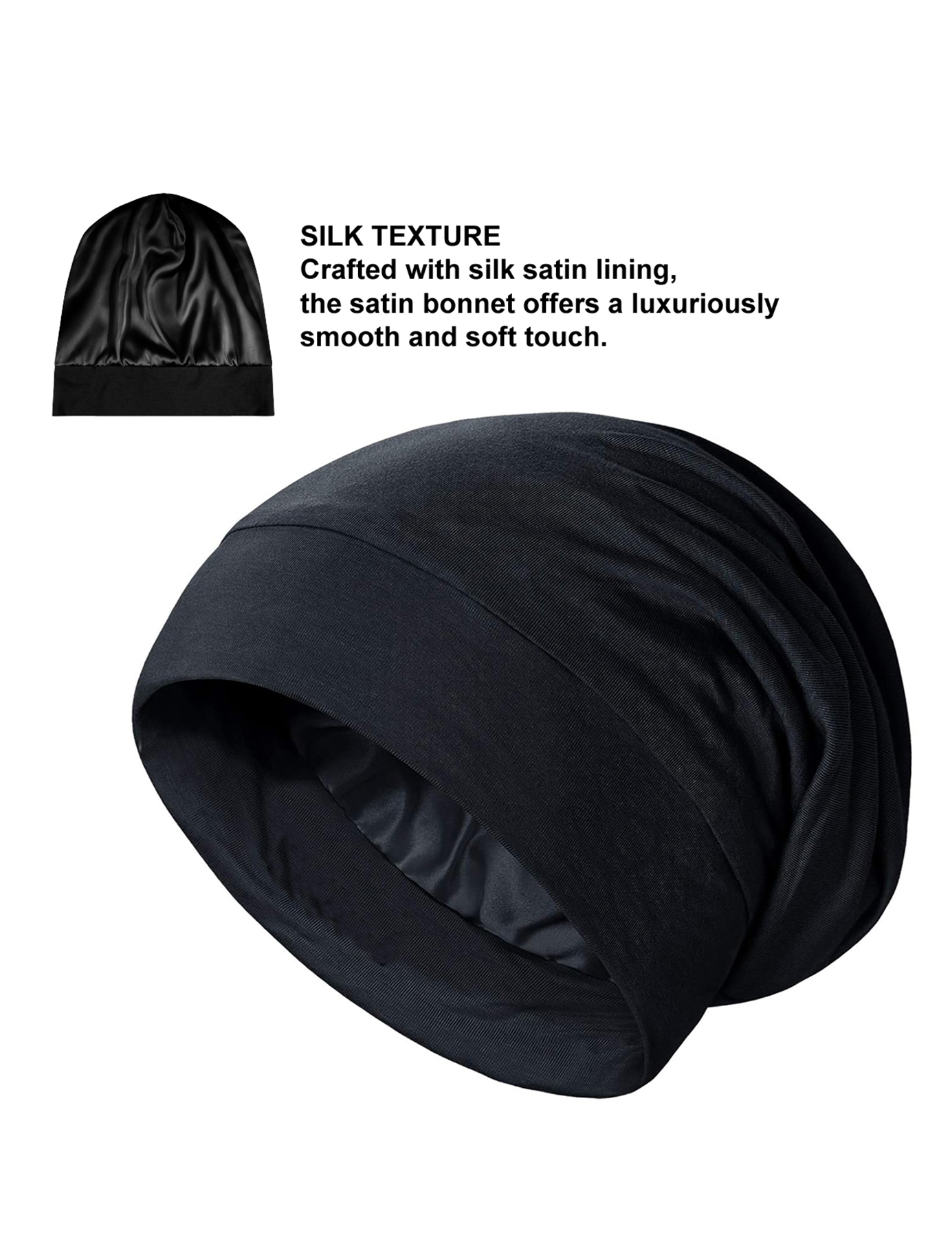 Bonnet de nuit en satin pour femme, chapeau de nuit luxueux doublé en soie satinée, couvre-cheveux anti-frisottis pour dormir, doux et respirant, noir B