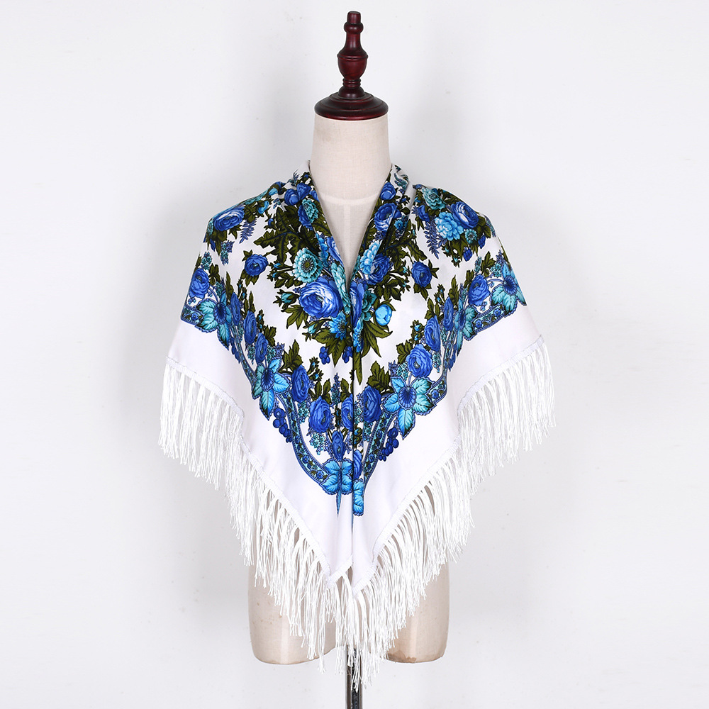 Écharpe russe châles femmes frangé carré Bandana foulard musulman Hijab National couverture florale foulards 110x110 cm
