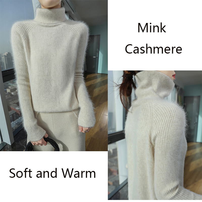 Pull en tricot pour femme automne-hiver 2025, nouveau pull en tricot à col montant en fausse fourrure de vison, ample, à manches longues, chaud, en cachemire