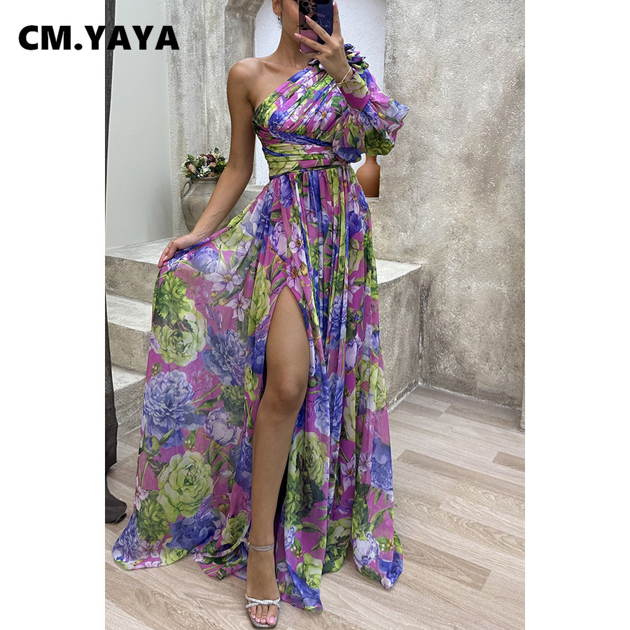 CM.YAYA femmes imprimé fleuri une manches longues haute fente a-ligne en mousseline de soie Maxi longue robe 2025 vacances anniversaire plage Boho robes
