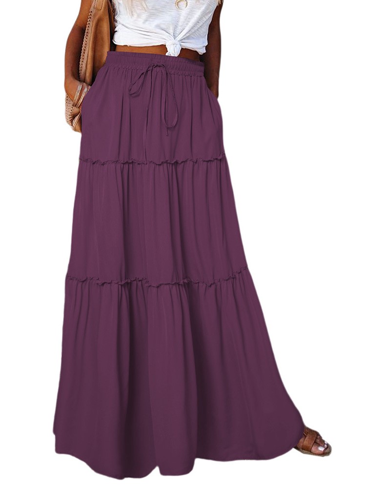 Jupe longue à volants pour femmes, nouvelle collection printemps-automne, couleur unie, à la mode, plus lente, superposée, taille haute, élastique