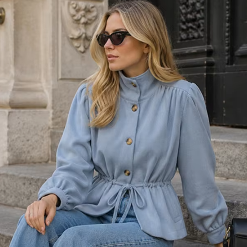 Manteau élégant pour femme, cintré, col montant, simple boutonnage, manches bouffantes, veste décontractée chic pour le quotidien et les trajets, nouvelle collection automne 2026