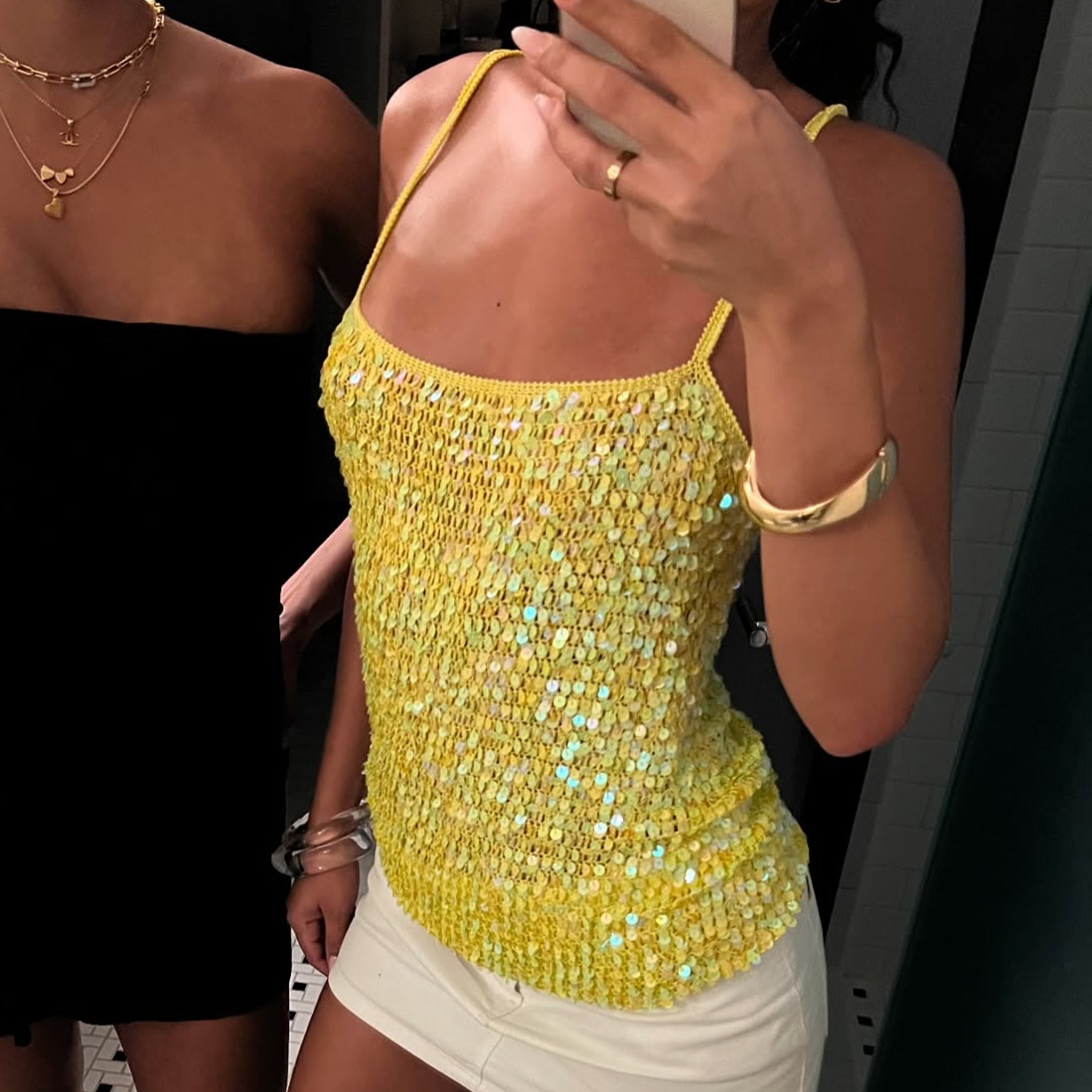 Haut court en Crochet orné de paillettes pour femmes, Camis smocké tricoté de plage, scintillant, dos nu, couverture, gilet, été