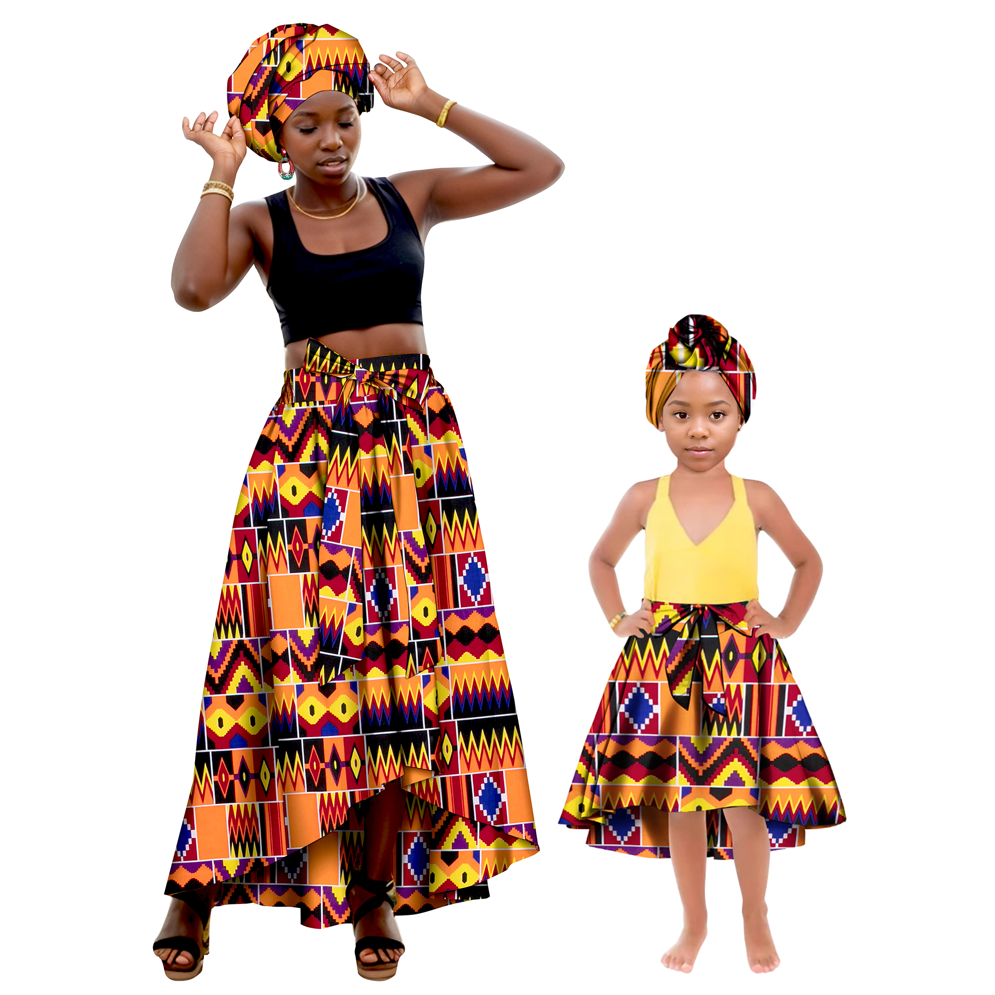 Vêtements assortis pour la famille africaine, mère et fille, bandeau + jupes, robe en coton imprimé africain, jupes de fête pour femmes et filles
