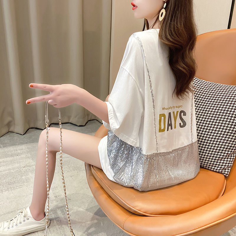 T-shirt à manches courtes à col rond pour femmes, faux pulls deux pièces, épissé, paillettes, décontracté, lettre, été