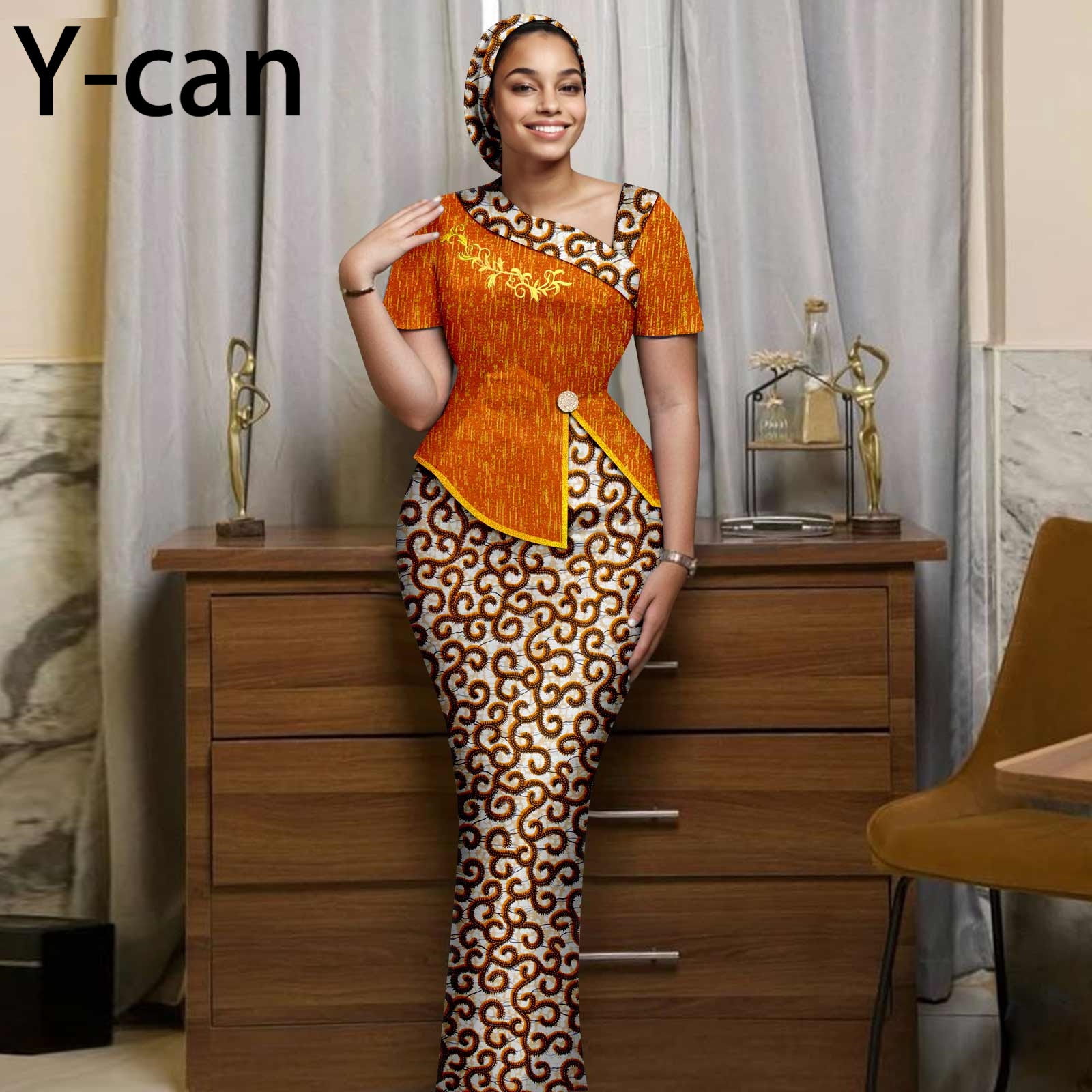 Femmes africaines jupe ensemble robe de luxe à manches courtes fente haut et jupe mince robes avec bandeau robe de mariée 2526056