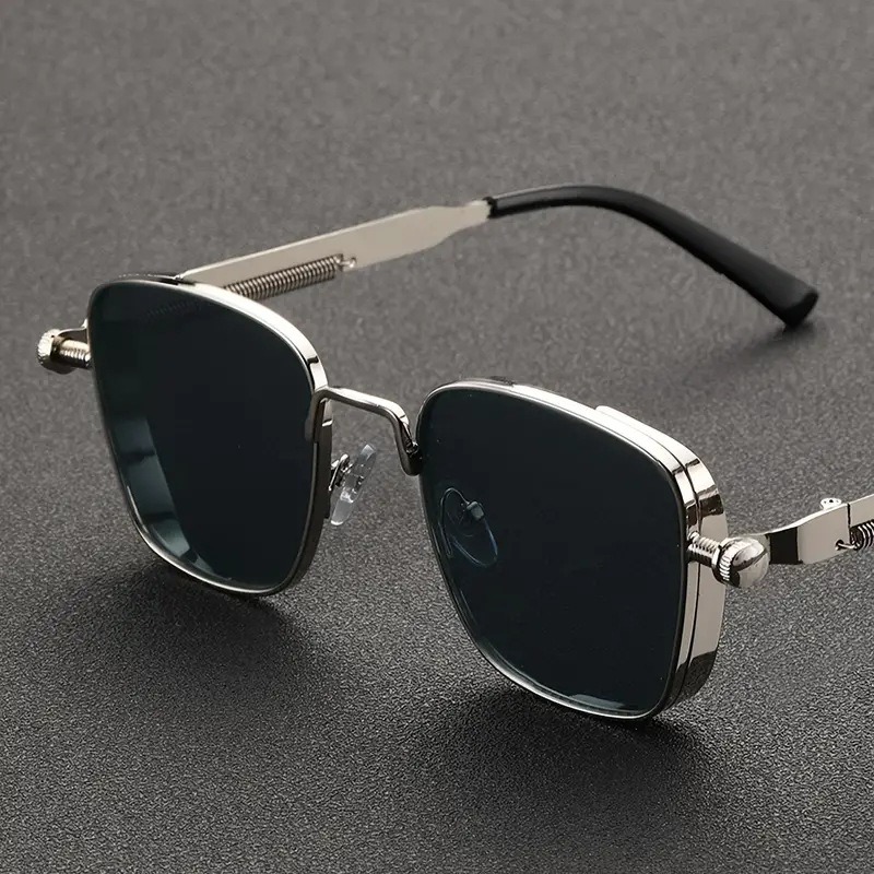 Lunettes de soleil vintage steampunk carrées pour hommes, monture métallique avec charnières à ressort, lunettes de conduite tendance pour femmes