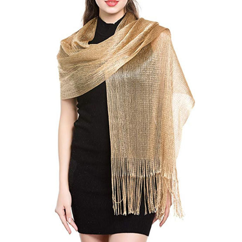 Foulard en soie métallique, accessoire de robe de soirée de mariée pour femmes, fête de mariage, bal de promo, châle de mariée, fil or argent ​