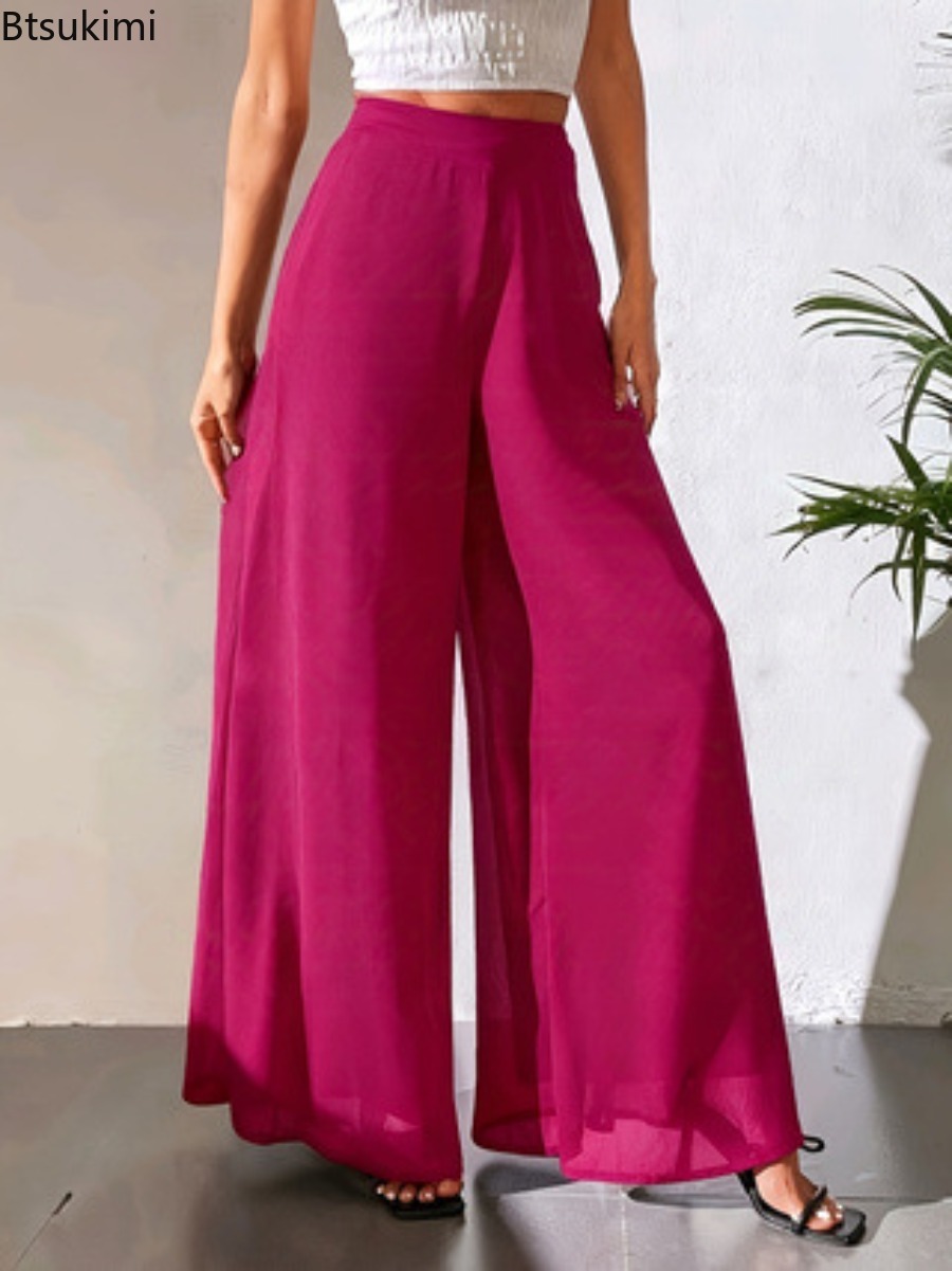 Pantalon décontracté d'été pour femme 2026 – Pantalon ample pour maman, polyvalent, en soie glacée et mousseline, coupe large, droit, décontracté, longueur 9/10