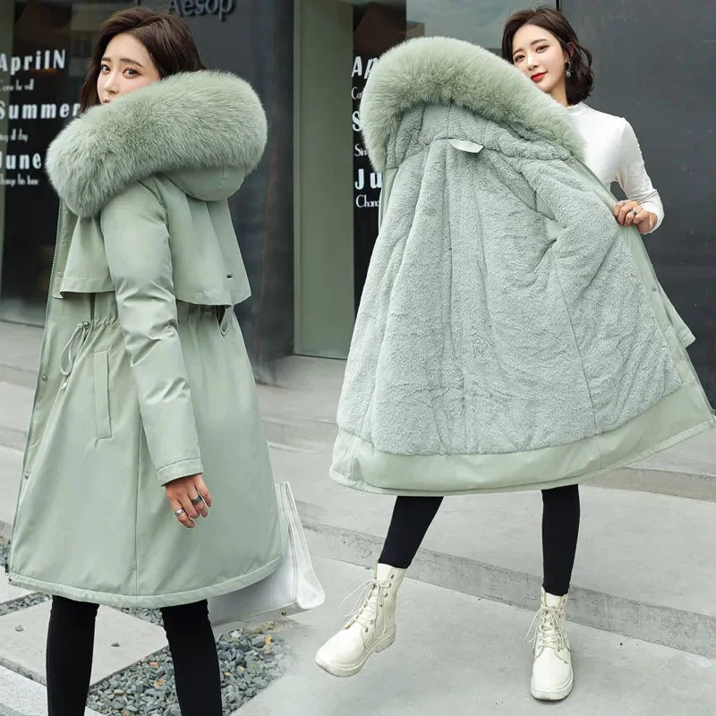 Veste d'hiver 2026, nouvelle parka pour femme, manteau long, doublure en laine, veste à capuche, col en fourrure, épaisse, chaude, vêtements de neige, parka rembourrée 6XL