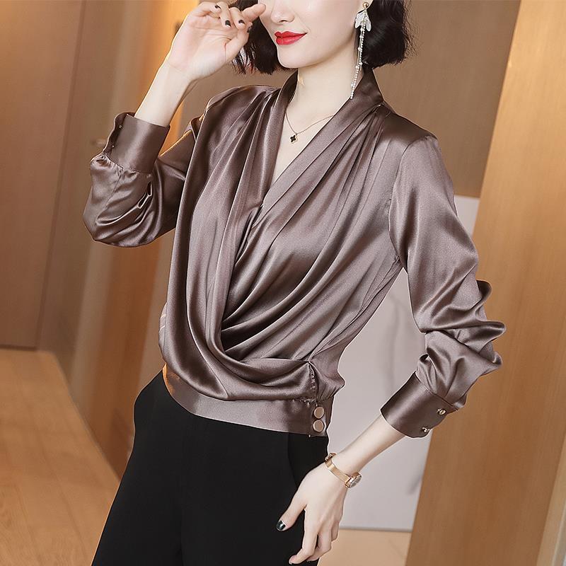 Chemise Mulberry InjStyle polyvalente et élégante, col en V croisé, manches longues, haut simulé, début d'automne, nouveau, 2025