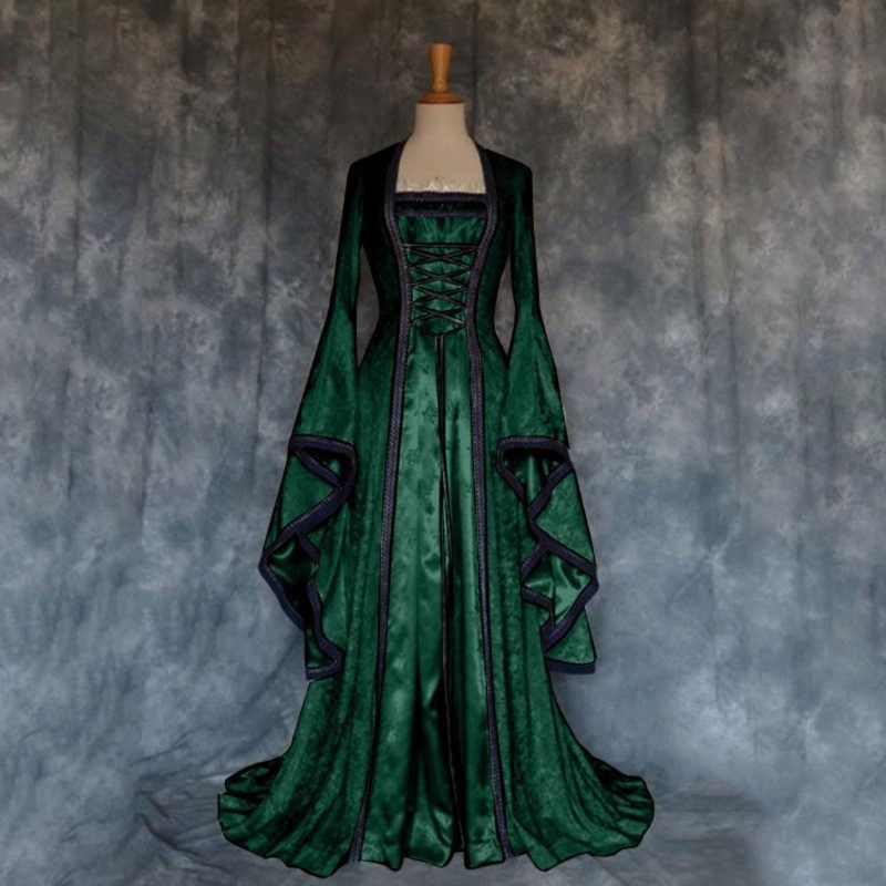 Robe médiévale pour femmes, robe longue à manches trompette, costume de cosplay, robe de sorcière, princesse, tenue d'Halloween