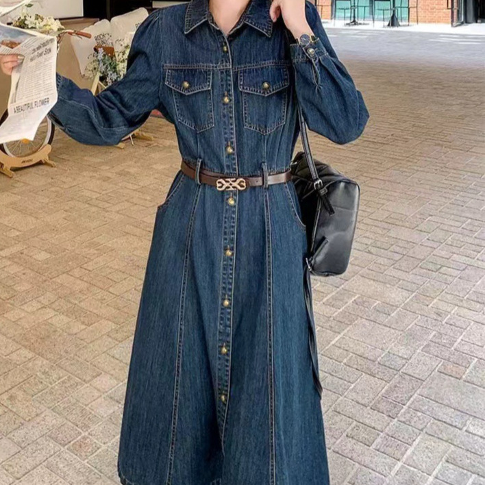Robes en jean pour femmes, coupe trapèze, unies, longueur mi-mollet, manches longues, poches, simple boutonnage, style décontracté chic pour le bureau, Printemps 2026