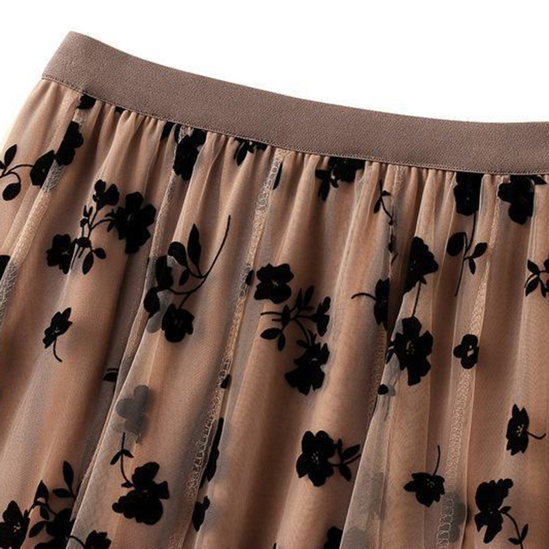 Jupes mi-longues plissées à fleurs pour femmes, jupes en tulle, taille haute, flocage coréen, maille élégante, dames de bureau, été, nouveau
