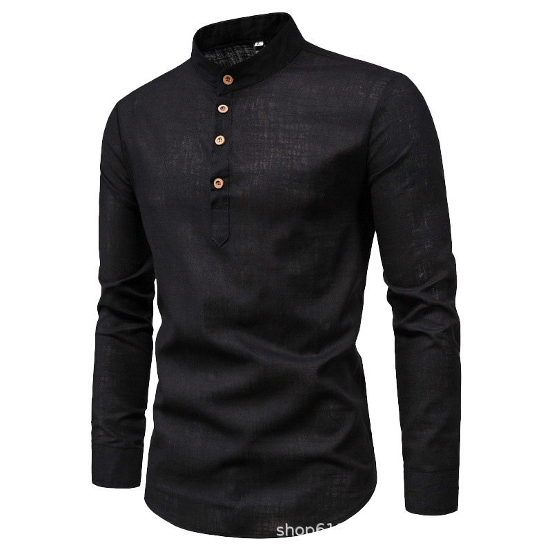 Chemisier hommes été décontracté classique couleur unie décontracté mince col montant bouton chemise à manches longues vêtements pour hommes