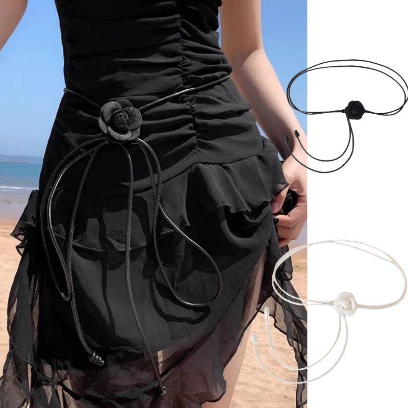 Chaîne de taille en corde de cuir pour femmes, fleur de camélia, ceinture fine, nœud doux, vêtements à la mode, robe, ceintures décoratives