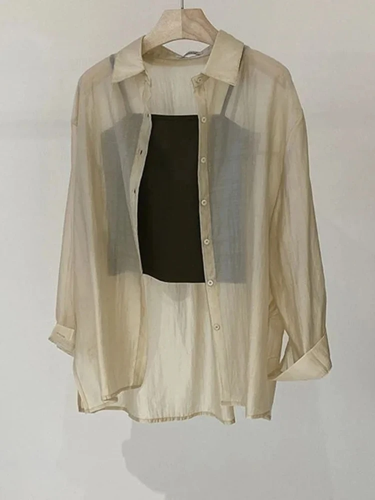 Chemise en maille pour femmes, vêtements d'été fins, manches longues, ample, Chic coréen, gaze fine, doux, étudiant, revers, vêtements de protection solaire