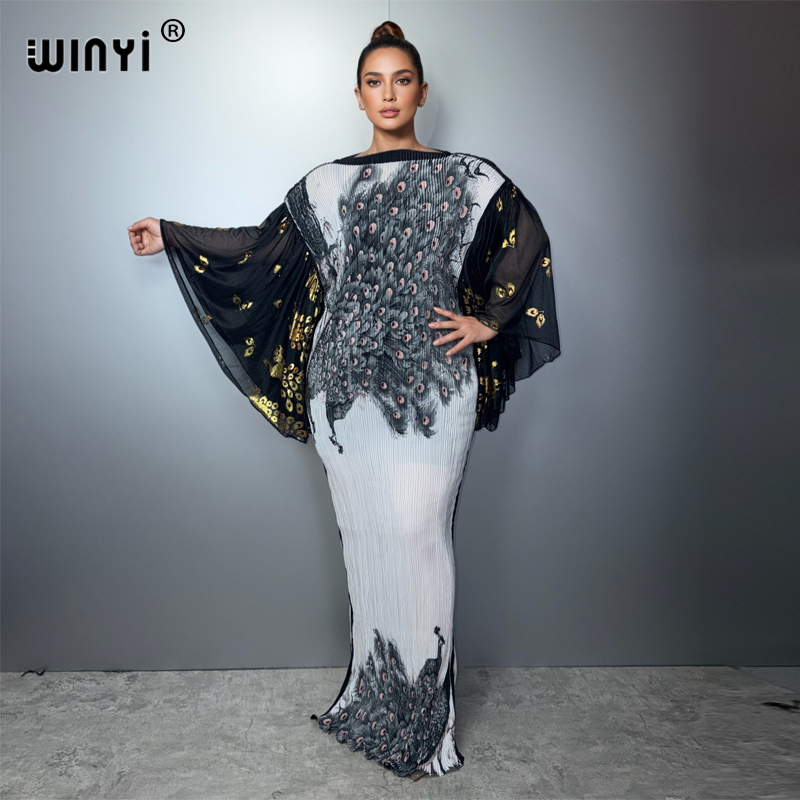 Robe plissée ajustée WINYI pour femme avec manches bouffantes, paréo de plage, caftan musulman, abaya, robe de soirée longue de luxe Dubaï