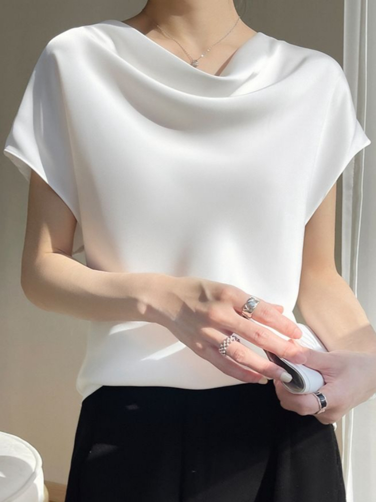 T-shirt en satin de soie pour femme, style français, printemps-été, minimaliste, élégant, à manches courtes, hauts de tempérament pour femme