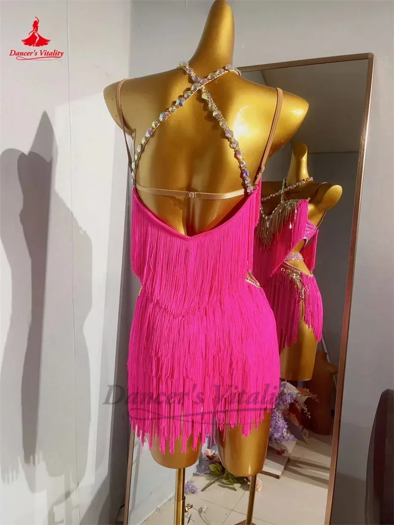 Robe de danse latine à franges pour femmes, vêtements de Performance personnalisés avec pierres AB, Tango Chacha, robes professionnelles de danse latine
