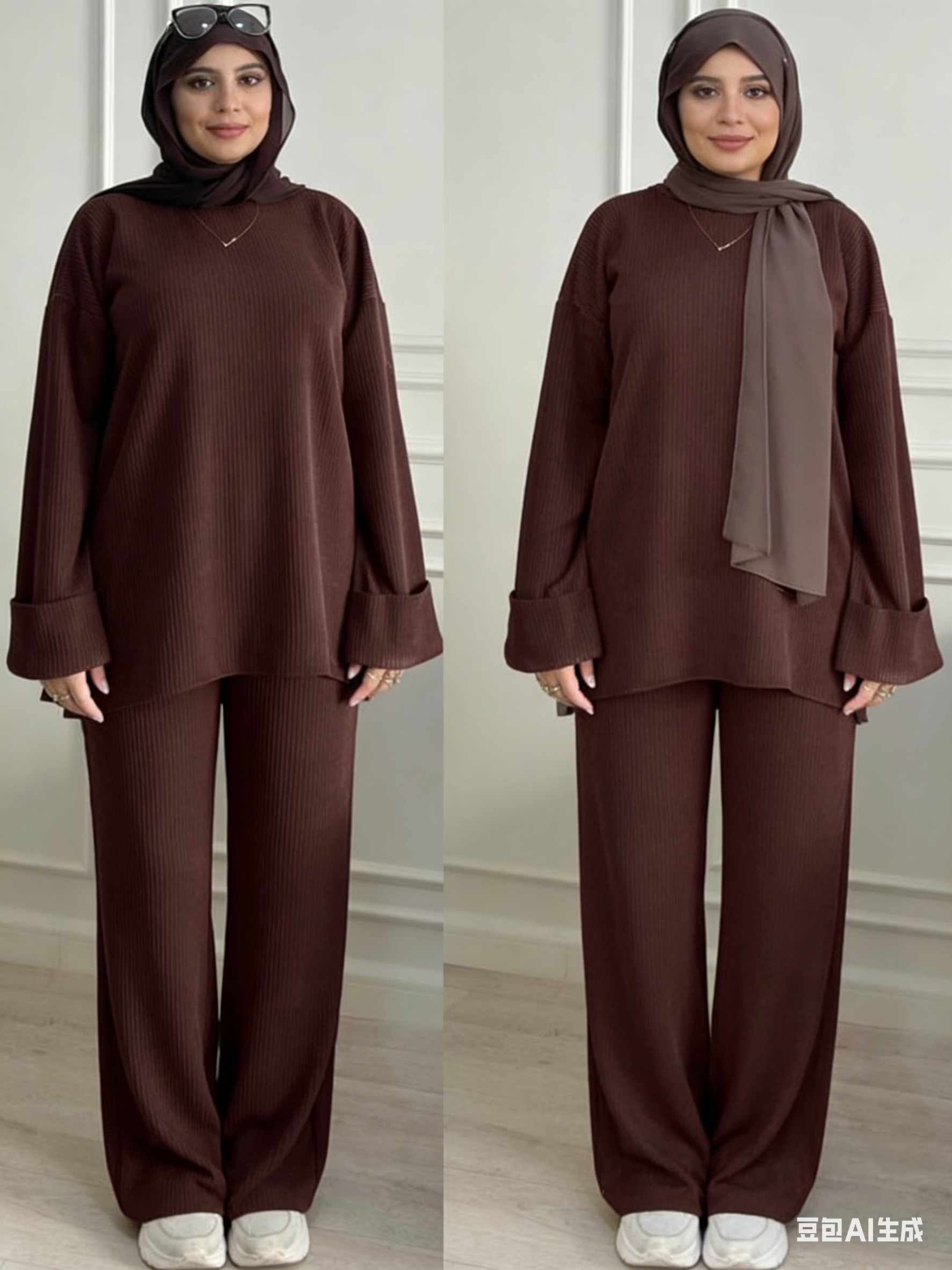 Ensemble tunique et pantalon marron ample à rayures verticales en maille pour femme, style modeste, mode musulmane