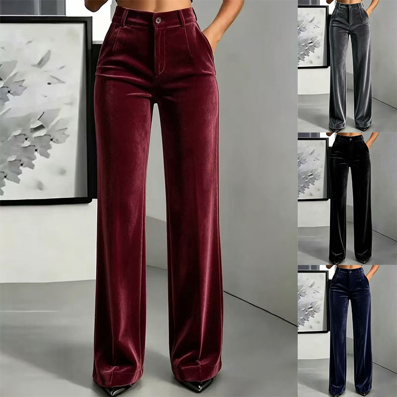Nouveaux pantalons droits en velours pour femmes, pantalons simples à taille haute et drapés, bas décontractés à coupe ajustée et effet ventre plat.