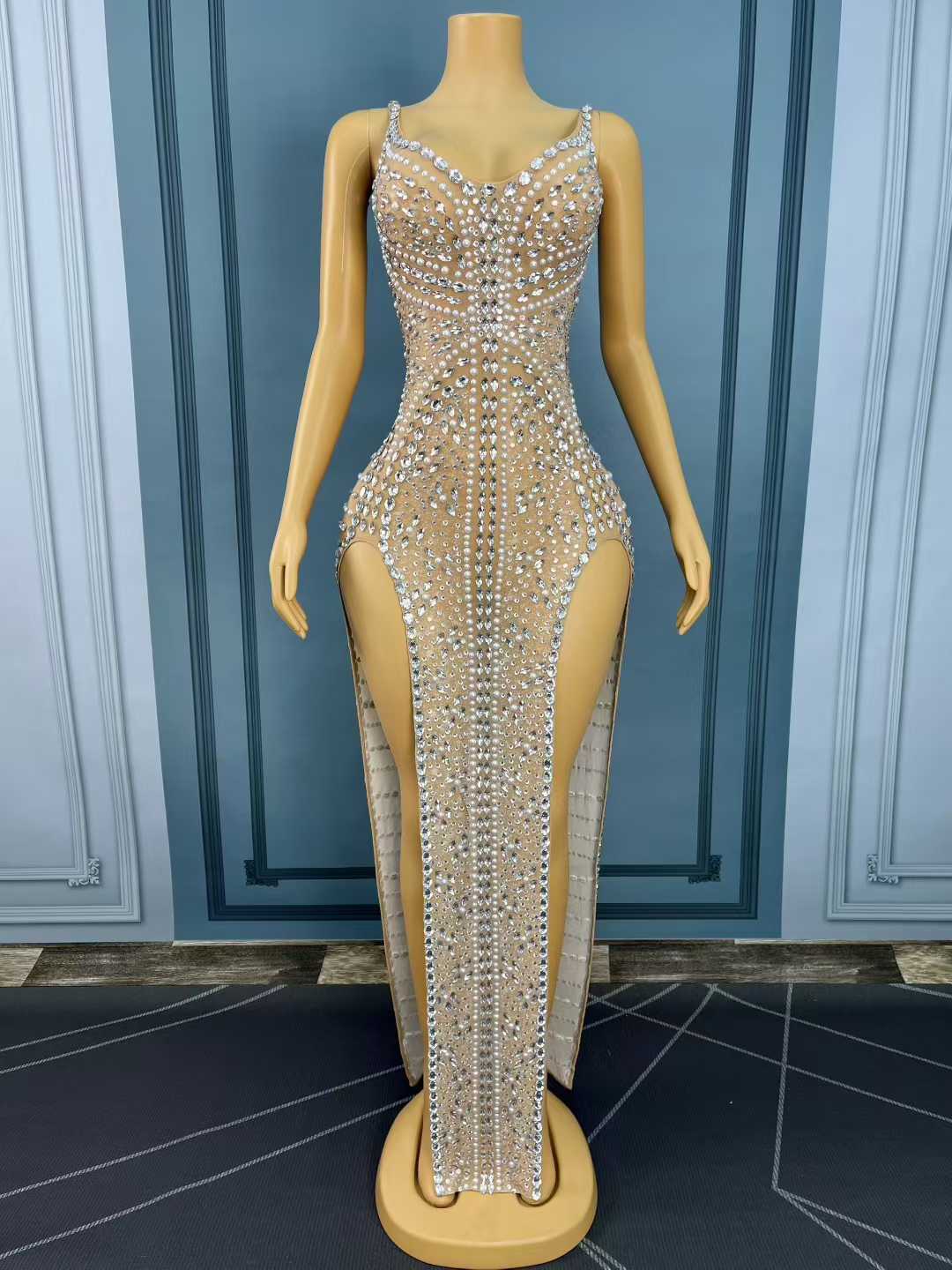 Robe de luxe scintillante avec strass et perles, Sexy, col en v, fente haute, robe de soirée, Cocktail, fête d'anniversaire, tapis rouge, vêtements de scène