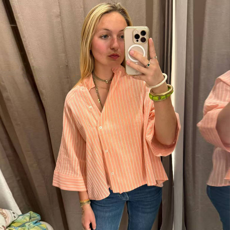 Chemises rayées roses pour femmes, été, boutons asymétriques, manches mi-longues, coupe ample, chemises décontractées, look de bureau, vintage, élégantes, hauts féminins