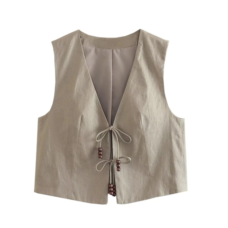 MUJER perles gilet sans manches femme col en V noir recadrée gilet femmes veste attachée manteaux courts gilet femmes mode gilets 2025