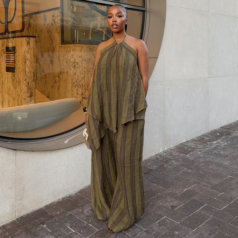 Ensemble deux pièces pour femmes, mode africaine, printemps-été, imprimé rayé, haut halter et pantalon large, tenue de vacances