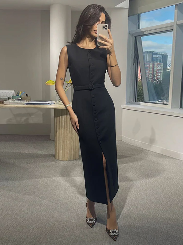 Costume sans manches à lacets robe mi-longue femmes élégant col rond simple boutonnage coupe ajustée Robes de soirée mode bureau dame Robes
