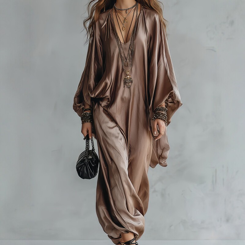 Robe longue en satin pour femme, col en V, manches chauve-souris, coupe ample, style kaftan bohème, élégante, pour les vacances, les soirées, la mode automne, grandes tailles