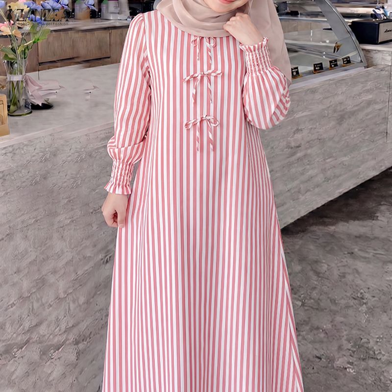 Robes Abaya Musulmanes Élégantes ZANZEA 2026 pour Femmes, Col Rond, Manches Longues, Robe Rayée Décontractée, Kaftan, Robe du Ramadan, Vêtements Islamiques