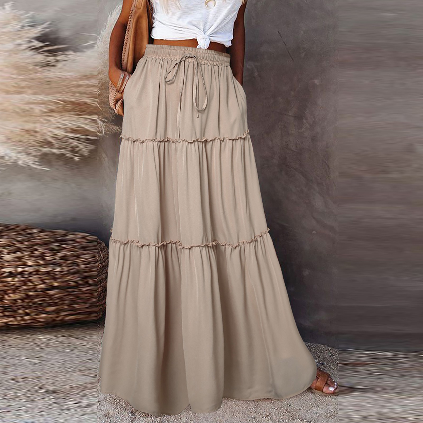 Jupe longue pour femme, couleur unie, taille élastique, coupe ample, décontractée, taille haute, polyvalente, style robe mi-longue