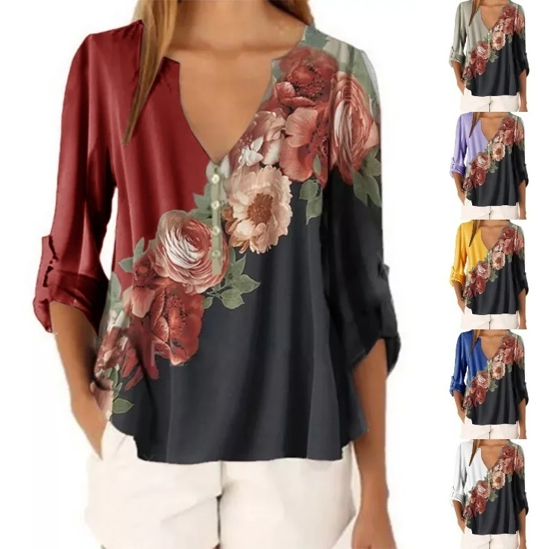 Nouveau été femmes vêtements femmes décontracté adt T-h343 mode imprimé floral avant 3/4 manches Y-V-cou pull chemises pour S-5XL