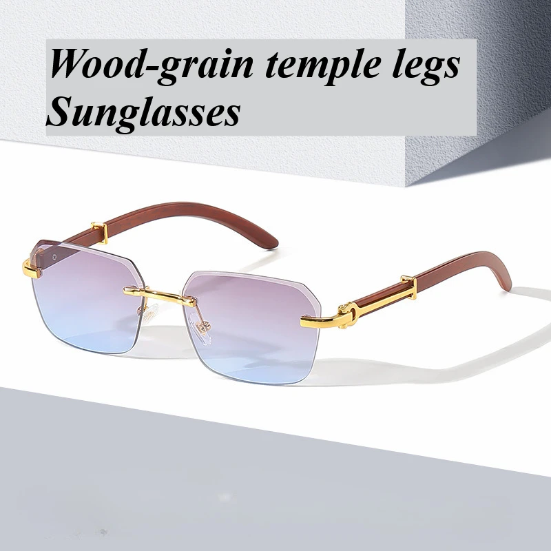Lunettes de soleil sans monture à la mode pour hommes et femmes, monture rectangulaire en bois, nuances rétro, lunettes de voyage d'été UV400