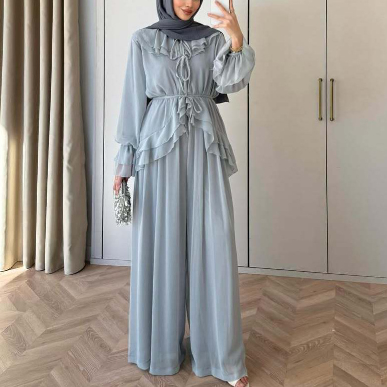 Ensemble 2 pièces pour femme : Blouse et pantalon large, style Ramadan Aïd, tenue musulmane arabe, Maroc, Dubaï, avec lacets, ensemble islamique