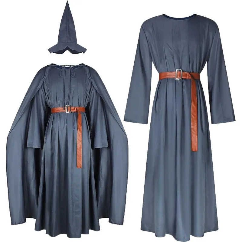 Costume de magicien Hobbit Gandalf, tunique païenne, cape de magicien, Robe grise, chapeau, ensemble complet de tenues pour adultes