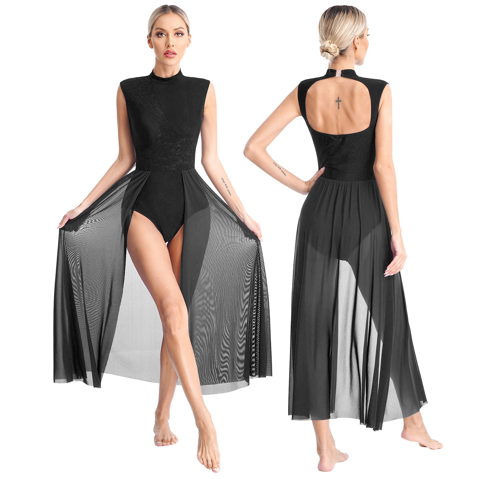 Robe de spectacle de danse lyrique moderne pour femmes, sans manches, justaucorps en dentelle, vêtements de danse pour Ballet, gymnastique, patinage artistique, acrobatie