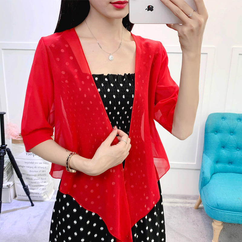 Cardigan en mousseline de soie transparente pour femme, châle d'été, couleur unie, pour protection du cou, écharpe en soie, R13